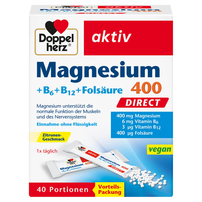 Doppelherz Magnijs 400 + B6 + B12 + Folskābe TIEŠI - Magnijs atbalsta normālu muskuļu un nervu sistēmas darbību - 40 vegānas porcijas