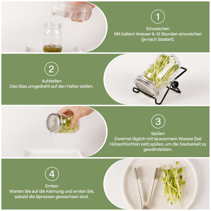 Dīgšanas pudeļu komplekts (2 gab.) sēklām, trauks mājas audzēšanai ar dīgšanas burku un nerūsējošā tērauda sietu - komplektā. drenāžas statīvs brokoļu asniem, lucernai, mikrozaļumiem | Ideāli piemērots diedzētu burku dīgšanai