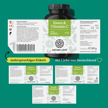 NATURE LOVE® dzelzs tabletes ar C vitamīnu - 240 tabletes - 20 mg dzelzs un 40 mg C vitamīna vienā tabletē - Augsti biopieejams dzelzs bisglicināts (dzelzs helāts) - Vegāns, ražots Vācijā