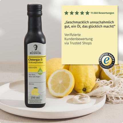 Dr. Johanna Budwig Omega 3 DHA+EPA Lemon (250ml) - linsēklu eļļa un Omega 3 aļģu eļļa - augsta deva (EPA DHA) - vegāna šķidrā aļģu eļļa, bērniem