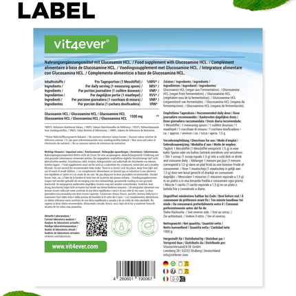 Glikozamīna hidrohlorīds tīrs - 1000 g (1 kg) tīra pulvera bez piedevām - No augu fermentācijas - Laboratorijā pārbaudīts - Vegāns - Augsta deva - Augstākās kvalitātes