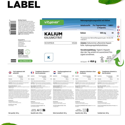 Kālijs - 365 kapsulas ar 800 mg elementārā kālija (no kālija citrāta) vienā dienas devā - vegāns, augsta deva, bez piedevām