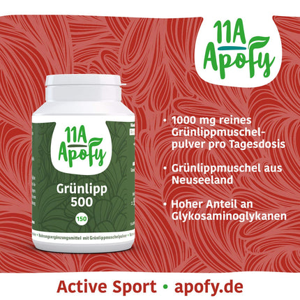 Green-lipped 500 ar zaļajām gliemenēm no Jaunzēlandes, 1000 mg dienā, laboratoriski pārbaudīts, 150 kapsulas