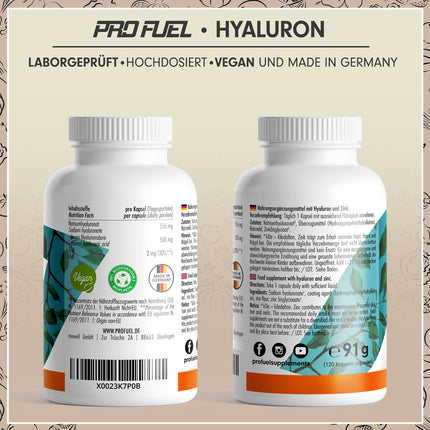 Hialuronskābes kapsulas 120x - optimāli dozētas ar 500 mg hialuronskābes dienā - augstas kvalitātes 500-700 kDa hialuronskābe + 2 mg bioloģiski pieejams cinks - laboratoriski pārbaudītas ar sertifikātu - 100% vegānisks