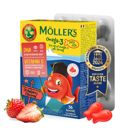 Möller's Omega 3 kapsulas bērniem | Dabīga Omega 3 zivju eļļa ar zemeņu garšu | Ar DHA un EPA | Viegli sakošļājams | Bez glutēna, laktozes un cukura | 36 gabali