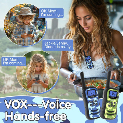 QUOLIX WalkieTalkie Kids, uzlādējama rācija ar 24 stundu sarunu laiku, 3 km diapazonu, 8 kanāli un 99 kodi, LED lukturītis, maskēšanās dizaina rācijas āra aktivitātēm, kempingam, pārgājieniem (4 krāsas)