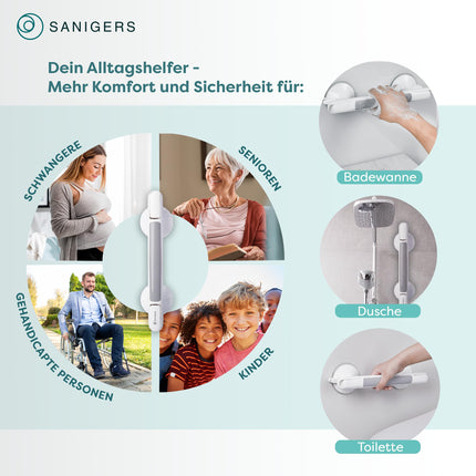 SANIGERS® Satvērējstienis ar piesūcekni - Īpaši spēcīga noturība 110 KG - Satvērējstienis dušai bez urbšanas, satvērēji senioriem, vannas rokturis bez urbšanas, dušas rokturis ar piesūcekni, piesūcekņa rokturis vannas istabai