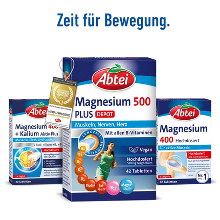 Abtei Magnesium 500 Plus Extra Vital Depot – augsta deva – ar visiem B vitamīniem – muskuļiem, nerviem un sirdij – vegāns – 42 tabletes