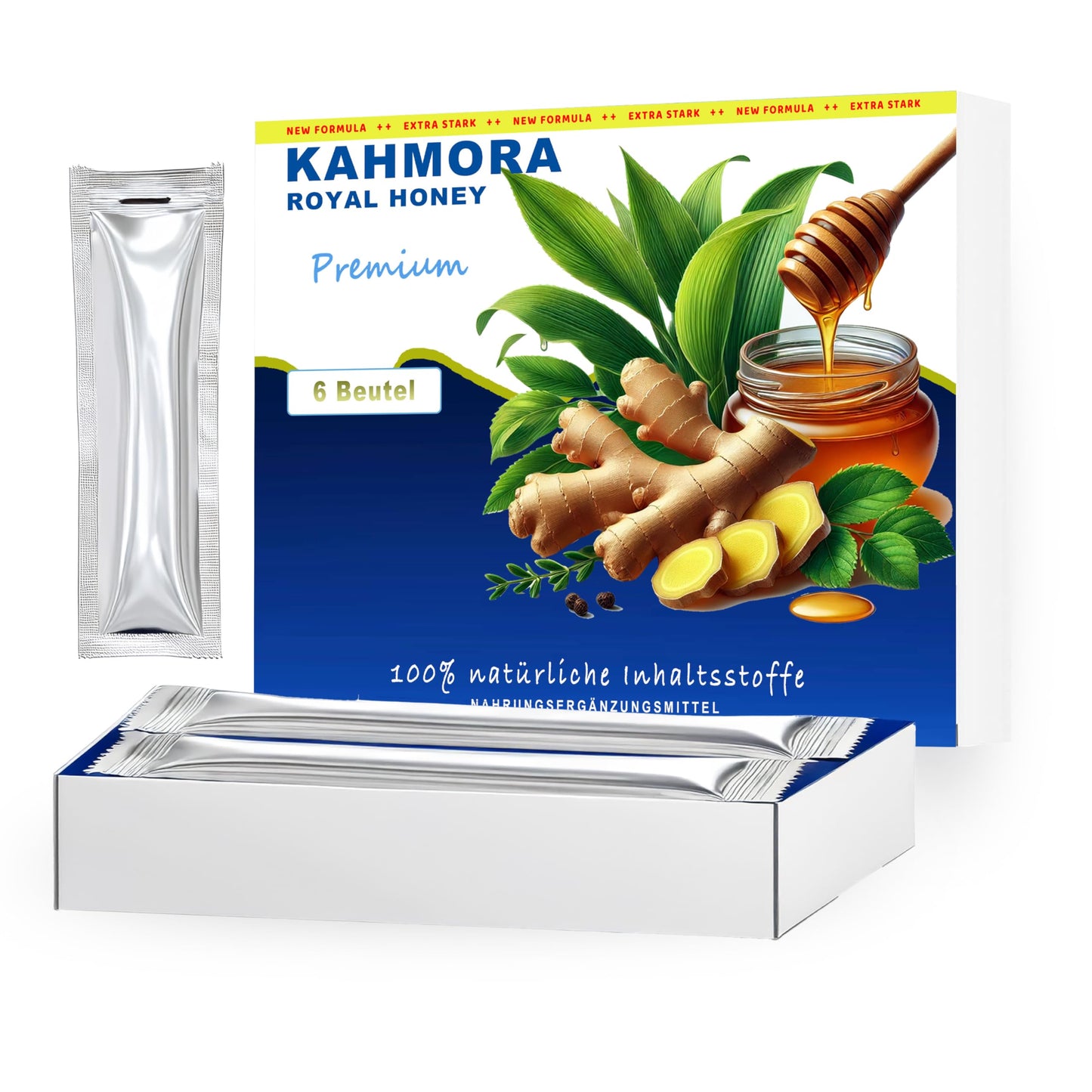 Bioloģiskais medus x 6 maisiņi | 15 ml – īpaši stiprs – dabīgs līdzeklis lielākai iekārei un baudai – bagātīgi satur makas, žeņšeņa un Butea Superba ekstraktu