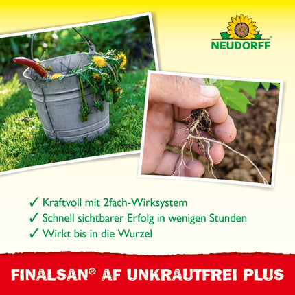 Neudorff Finalsan AF UnkrautFrei Plus – spēcīgs, ātras iedarbības nezāļu iznīcinātājs, kas iedarbojas tieši līdz saknēm. Gatavs lietošanai 25 m², 750 ml