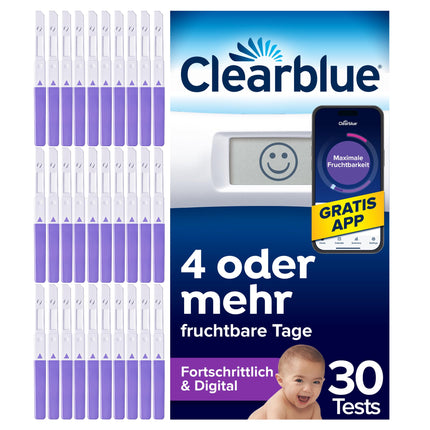 Clearblue Advanced digitālais ovulācijas tests, divkārša iespēja ieņemt bērnu, 1 digitālā testa turētājs un 30 ovulācijas testi, izmēģiniet BEZMAKSAS Clearblue menstruāciju un cikla izsekošanas lietotni