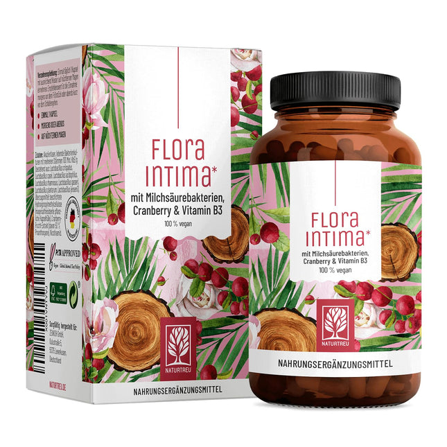 Kultūru komplekss sieviešu intīmajai florai * ar 100 miljardiem CFU/g - ar pienskābes baktērijām, dzērvenēm un B - 7 Lactobacillus celmiem Floraintima no NATURTREU®