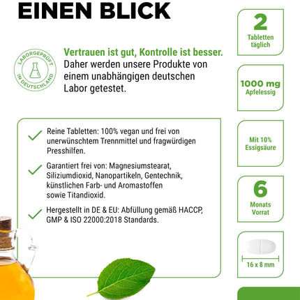 Ābolu sidra etiķis - 365 tabletes - augsta deva ar 1000 mg dienā - ar 10% ābolu etiķskābes - 6 mēnešu krājumi - bez nevēlamām piedevām - vegāns