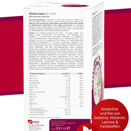 Dr. Wolz Vital Complex 500ml - Mikroelementu komplekss ar 95 sastāvdaļām - Vitamīni, minerālvielas, mikroelementi un sekundārās augu vielas - Vita sulu koncentrāts imūnsistēmai - vegāns