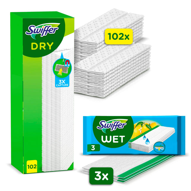 Swiffer grīdas mops ar 102 sausām grīdas lupatām savāc netīrumus un tos notur (+3 mitras grīdas lupatiņas kā parauga iepakojums)