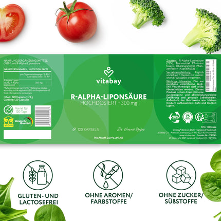 Vitabay R-alfa lipoīnskābe 300 mg - 120 kapsulas, augsta deva un vegāns - alfa lipoīnskābe ar augstu biopieejamību, laboratoriski pārbaudīta un ražota no augstas kvalitātes izejvielām