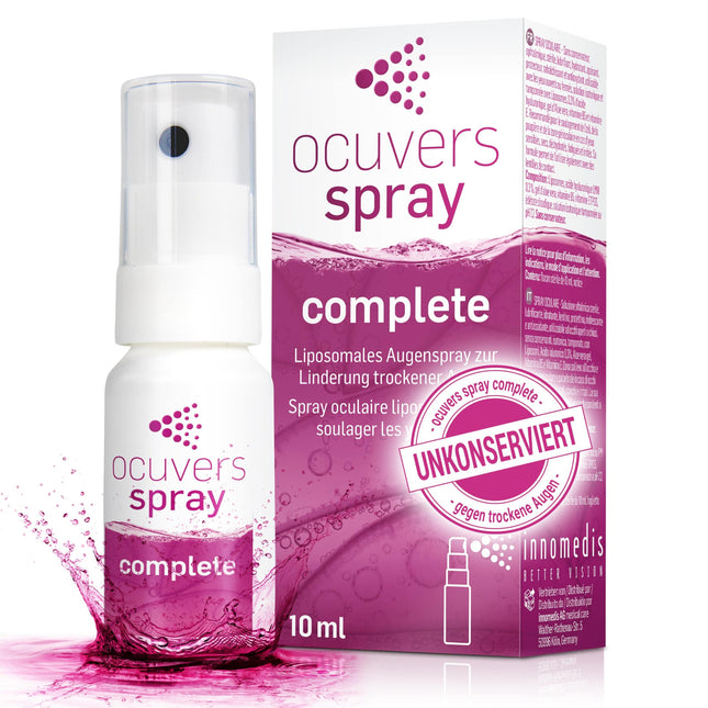 Ocuvers Complete acu aerosols ar 0,3% hialuronskābi, liposomām, alveju, B5 vitamīnu un E vitamīnu - acu aerosols sausām acīm - alternatīva acu pilieniem, 10 ml