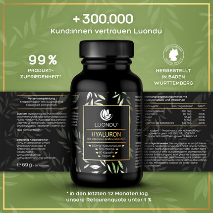 Hialuronskābes kapsulas ar augstu devu 500 mg 90 gab. (3 mēneši) Hialuronskābe ar C vitamīnu, cinku, selēnu, B2 vitamīnu - laboratoriski pārbaudītas, vegānas, ražotas Vācijā