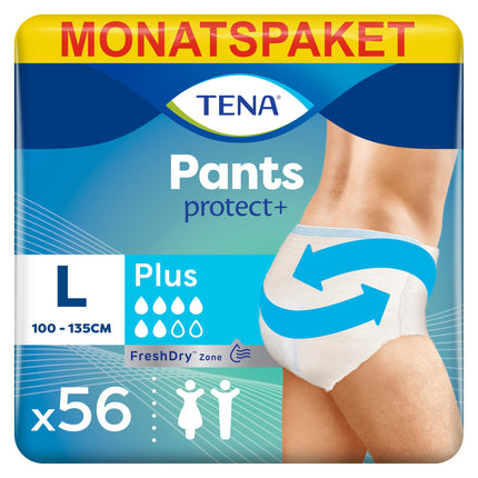 TENA Pants Plus — 56 biksītes mēneša iepakojumā (4 x 14 gabali) — vienreizlietojamās biksītes sievietēm un vīriešiem — elpojošas unisex nesaturēšanas biksītes — urīnpūšļa vājuma un urīna nesaturēšanas gadījumā — baltas, L izmērs