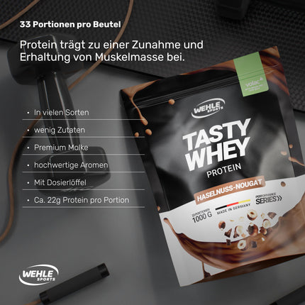 Sūkalu proteīna pulveris [Nut Nuga] - augsta proteīna satura proteīna pulvera kokteilis - proteīna pulvera sūkalu proteīna kokteilis ar 22 g proteīna vienā porcijā - proteīna kokteilis ar BCAA un EAA (1000 g) Wehle Sports®