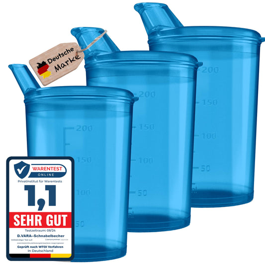 3x dzeršanas krūzītes ar vākiem 250ml dzeltenas dzeršanas krūzītes senioriem 3x krūzīšu komplekts ar 3x vākiem (2x ar atveri 12 x 10 mm un 1 x ar atveri 4 x 4 mm) Dzeršanas krūzīte ar vāku - Dzeršanas krūzīte mazulim (zila)