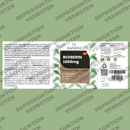 Bandini® Berberīns 1040 mg tīrs, augsta deva | 180 vegānas kapsulas | Tīrs berberīna HCl no Berberis Aristata 97% + hroms un melnie pipari | Maksimālā absorbcija | Gremošana, aknas, zarnu darbība