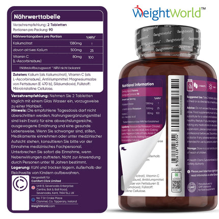 Kālija tabletes - 1460 mg vienā porcijā - 180 tabletes un vegānas - muskuļu veidošanai un nervu sistēmai (EFSA) - 3 mēnešu krājumi - kālija hlorīda alternatīva - WeightWorld