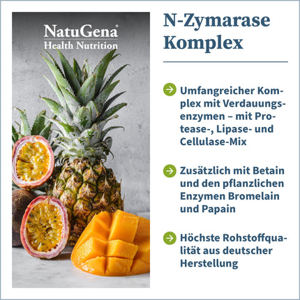 NatuGena N-zimarāzes komplekss, 16 dažādi enzīmi, betaīns, bromelaīns un papaīns, gremošanas enzīmi, 90 kapsulas (30 dienu piegāde)