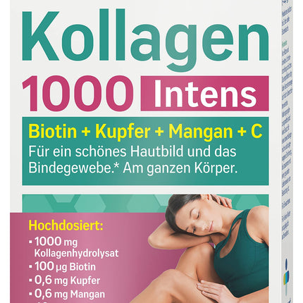 tetesept Collagen 1000 Intens – 1 x 30 tabletes – Uztura bagātinātājs ar kolagēnu, C vitamīnu, biotīnu, varu un mangānu – Saistaudu un skaistas sejas ādas veselībai