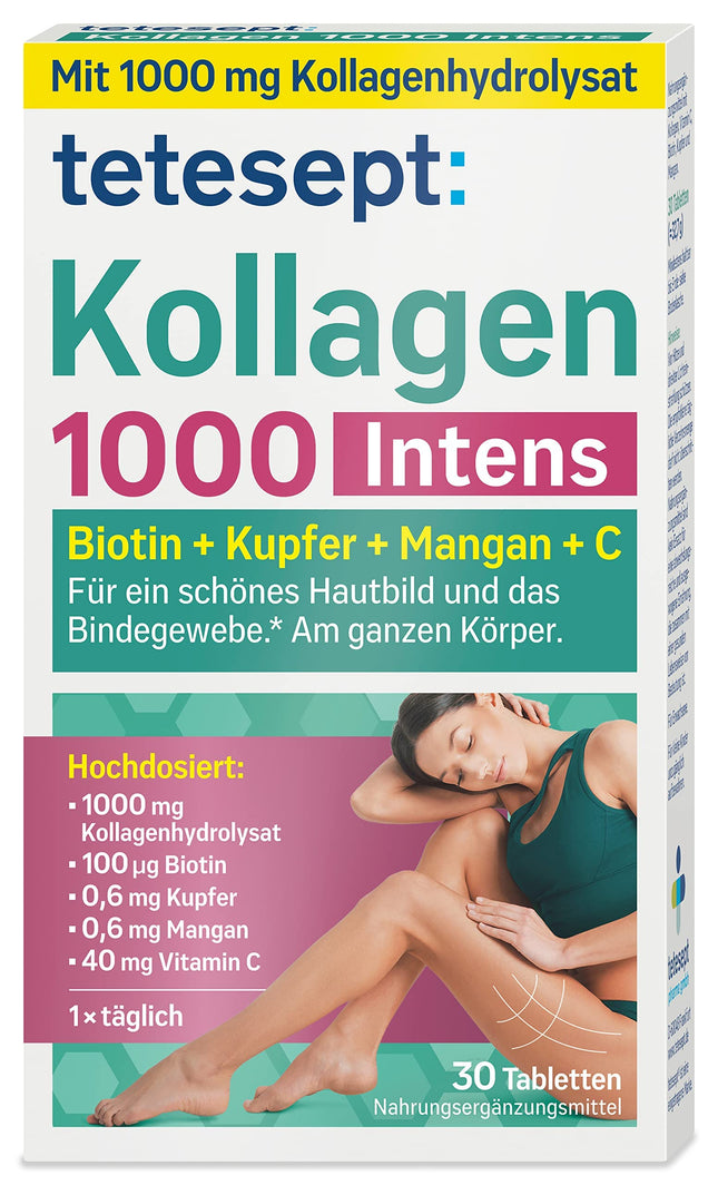 tetesept Collagen 1000 Intens – 1 x 30 tabletes – Uztura bagātinātājs ar kolagēnu, C vitamīnu, biotīnu, varu un mangānu – Saistaudu un skaistas sejas ādas veselībai