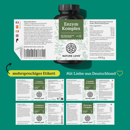 NATURE LOVE® enzīmu komplekss - 120 kapsulas - ieskaitot Lipāze un α-amilāze | ar bromelaīnu, rutīnu, celulozi un inulīnu - gremošanas enzīmi 4 mēnešu daudzumā - vegāns, laboratoriski pārbaudīts