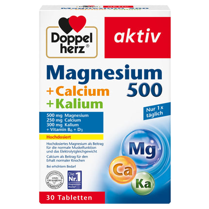 Doppelherz Magnijs 500 + Kalcijs + Kālijs - Augsta magnija deva veicina normālu muskuļu darbību un elektrolītu līdzsvaru - 30 tabletes