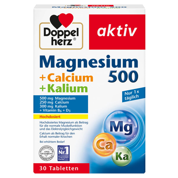 Doppelherz Magnijs 500 + Kalcijs + Kālijs - Augsta magnija deva veicina normālu muskuļu darbību un elektrolītu līdzsvaru - 30 tabletes