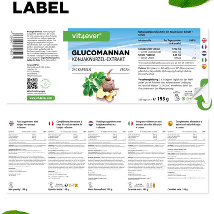 Glikomanāns no konjaka saknes - 240 kapsulas - augsta deva ar 4200 mg dienā - optimizēta ar hromu - vegāns