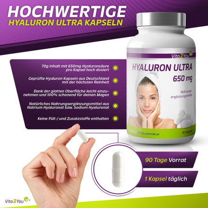 Vita2You hialuronskābe Ultra 650 mg - 90 vegānas kapsulas - augu izcelsmes, fermentētas - 500-700 kDa - augsta deva - 3 mēnešu krājumi - bez piedevām - hialuronskābe - augstākā kvalitāte