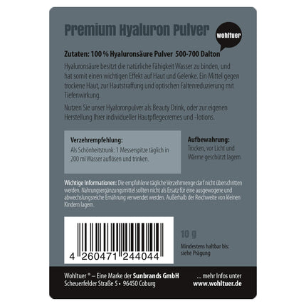 Wohltuer Premium Hyaluron Powder 10g - Tīrs hialuronskābes pulveris ar augstu devu, zema molekulmasa hialuronskābe, tīrs un vegāns - Hialuronskābes kosmētiskajam serumam, sejas krēmam un uztura bagātinātājam