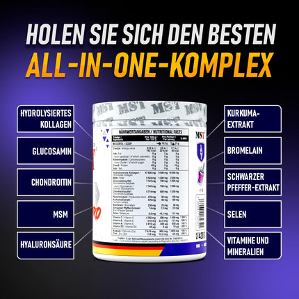 MST® Nutrition Flex Pro pulveris – kolagēns, MSM, glikozamīns, hondroitīns un hialuronskābe – augstas kvalitātes formula – ražots Vācijā (420 g, upeņu)