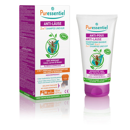 Puressentiel - pret utīm šampūna-maska ​​2 vienā ar ķemmi - dabīgs līdzeklis pret utīm, kāpuriem un gnīdām - aktīvā viela 100% dabīgas izcelsmes - 150 ml