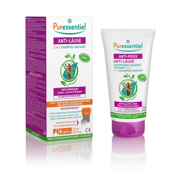 Puressentiel - pret utīm šampūna-maska ​​2 vienā ar ķemmi - dabīgs līdzeklis pret utīm, kāpuriem un gnīdām - aktīvā viela 100% dabīgas izcelsmes - 150 ml