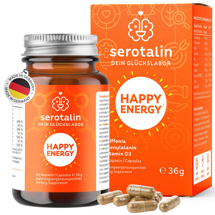 serotalin ORIGINAL HAPPY ENERGY kapsulas | +Griffonia +D3 vitamīns lielā devā +B12 +B6 +Fenilalanīns +Cinks +Hroms +Kofeīns | 100% vegānisks un ražots Vācijā | 2 mēneši