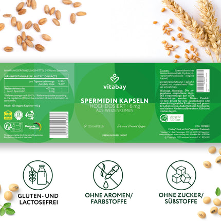 Vitabay Spermidine kapsulas ar augstu devu 6 mg - 120 vegānas kapsulas Spermidīns no kviešu dīgļiem - tīrs kviešu dīgļu spermidīns - laboratoriski pārbaudīts un bez nevēlamām piedevām