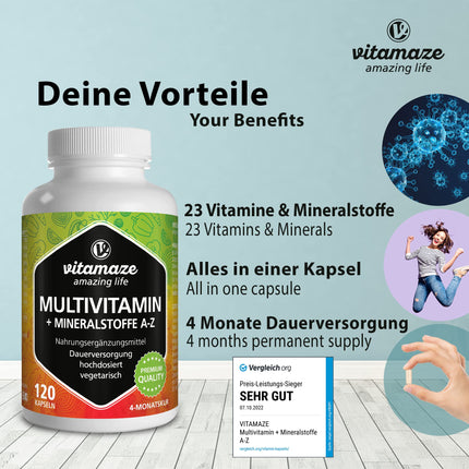 Multivitamīnu kapsulas ar augstu devu, 23 vērtīgi vitamīni AZ un minerālvielas, 120 veģetārās kapsulas 4 mēnešiem, optimāli apvienotas dzīvībai svarīgas vielas un mikroelementi