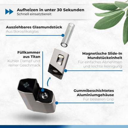 WOLKENKRAFT ÄRiS ULTRA Premium iztvaicētājs - USB-C | Titāna kamera | Temperatūra 100–220 °C | Darbības taimeris 3–7 min. | ECA konvekcijas tehnoloģija *Ieroču metāls*