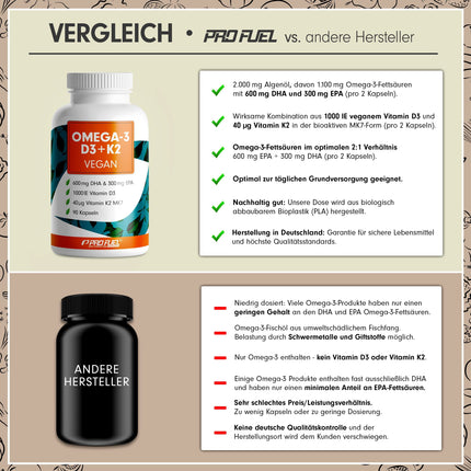 Omega-3 vegāns + D3 un K2 (90x), 1100 mg aļģu eļļas ar 600 mg DHA un 300 mg EPA + 1000 SV D3 vitamīna + 40 µg K2 vitamīna - O3 D3 K2 vegāns Essentials - Omega-3 kapsulas, augstas devas, bioloģiski pieejamas un laboratorijā pārbaudītas