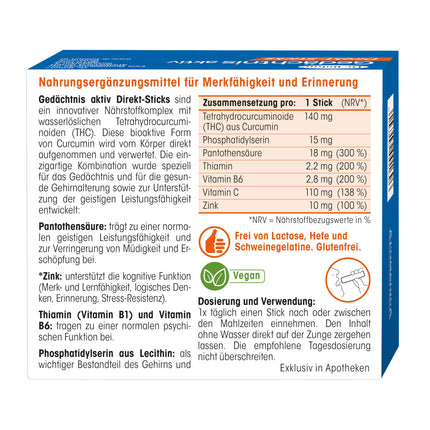 Dr. Böhm Memory Active Direct Sticks: Atmiņai, iegaumēšanai un garīgajai veiktspējai ar kurkumas ekstraktu, B vitamīniem, cinka un lecitīna kompleksu, 20 stienīši
