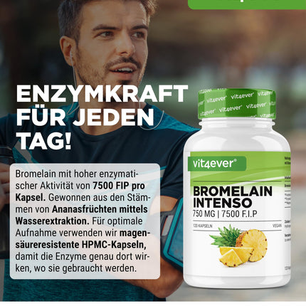 Bromelain Intenso - 750 mg (7500 FIP) - 120 kuņģa sulu izturīgas kapsulas - Īpaši augsta deva - Dabīgs ananāsu ekstrakts - Vegāns