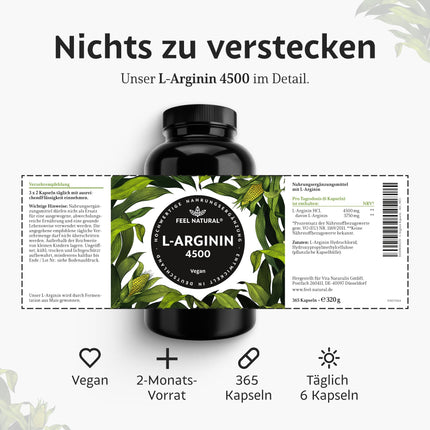 L-arginīns - 365 vegānas kapsulas - 4500 mg augu izcelsmes L-arginīna HCl no fermentācijas (no kuriem 3750 mg tīra L-arginīna) vienā dienas devā - Augsta deva, bez piedevām, laboratoriski pārbaudīts, ražots Vācijā