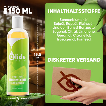 GlideHype PREMIUM masāžas eļļa IEDVESMA ar laima aromātu | Ādas kopšanas lubrikants jutekliskām masāžām un relaksācijai (150 ml)