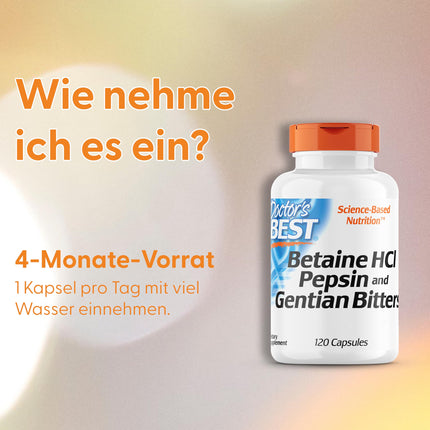 DOCTOR'S BEST betaīna hidrohlorīds ar pepsīnu un rūgto genciānu, 650 mg, 120 mīkstās kapsulas, augsta deva, laboratoriski pārbaudīts, bez sojas, bez glutēna, bez ĢMO, 113 g
