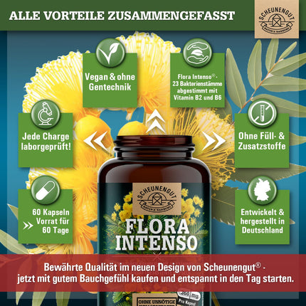 FLORA INTENSO® probiotiķu komplekss 100 miljardi CFU/g - Laboratorijā pārbaudīti 23 baktēriju celmi bez inulīna - Zarnās šķīstošās baktērijas ar laktobacilām + bifidobaktērijām - DE-SCHEUNENGUT®